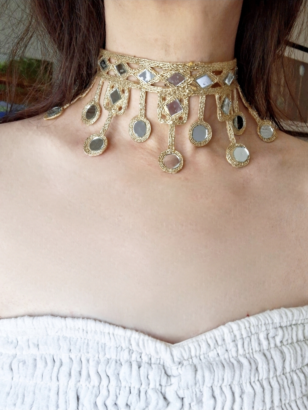 Handmade Boho Mirror Fringe Choker Necklace Women Jewelry Gold Festival Wedding